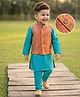 Babyhug Woven Full Length Foil Printed Kurta Pyjama Set With Brocade Jacket - Teal Blue