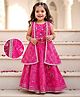 Babyhug Woven Sleeveless Ethnic Motif Printed & Floral Embroidered Choli Lehenga Set with Long Jacket & Lace Detailing - Fuchsia