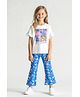 Primo Gino  Cotton Short Frill Sleeves Floral Printed  Oversized T-Shirt & Wideleg Leggings Set - White & Blue