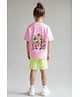 Primo Gino Cotton Elastane Knit Half Drop Shoulder Sleeves Oversized T-Shirt & Cycling Shorts Set with Front & Back Floral Print - Pink & Neon Green