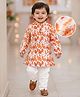Babyhug Woven Full Sleeves Printed Kurta & Pajama Set With  Sequin Embroidery - Orange & White