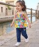 Babyhug Single Jersey Knit Singlet Sleeves Top & Denim Jeans with Floral Print & Embroidery - Blue