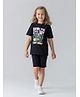 Primo Gino Cotton Elastane Knit Half Drop Shoulder Sleeves Oversized T-Shirt & Cycling Shorts Set with Front & Back Text Print - Black