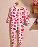 Softsens Bamboo Cotton Full Sleeves Kisses Printed Sleepsuit - White Red & Pink