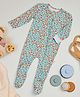 Softsens Bamboo Cotton Full Sleeves Hearts Printed Sleepsuit - Sky Blue Orange & Pink