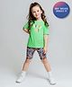 Primo Gino Cotton Elastane Knit Half Sleeves Oversized T-Shirt & Cycling Shorts Set with Text Print - Green