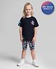 Primo Gino Cotton Elastane Knit Drop Shoulder Half Sleeves Oversized T-Shirt & Cycling Shorts Set With Floral Print - Black