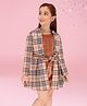 Cutecumber Solid Dress With Full Sleeves Checked Jacket & Belt Set - Brown