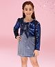 Cutecumber Striped Dress With Full Sleeves Sequins Embellished Shrug Set - Navy Blue