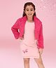 Cutecumber Fur Butterfly Patch Embroidered Dress With Full Sleeves Pearls Embellished Jacket - Pink