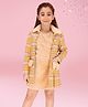 Cutecumber Fur Detailed Dress With Full Sleeves Checked Long Jacket - Yellow