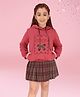 Cutecumber Full Sleeves Beads Embellished Bow Patch Detailed Hooded Top With Checked Skirt Set - Rust & Pink