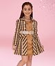 Cutecumber Solid Dress With Full Sleeves Striped Jacket Set - Mustard