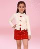 Cutecumber Full Sleeves Solid Crochet Button Detailed Top With Floral Embroidered Skirt Set - Cream