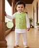 Babyoye Cotton Woven Full Sleeves Kurta Pyjama Set With Printed Nehru Jacket - White & Green