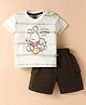 Mini Taurus Sinker Knit Half Sleeves T-Shirt & Shorts Set with Bunny Print & Stripes - Olive Green & White