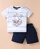Mini Taurus Sinker Knit Half Sleeves T-Shirt & Shorts Set with Bunny Print & Stripes - White & Navy