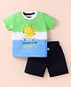 Mini Taurus Sinker Knit Half Sleeves T-Shirt & Shorts Set with  Here Comes The Fun Text Print - Green & Blue