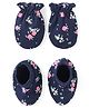 Babyhug 100% Cotton Knit Mittens & Booties with Floral Print - Navy Blue