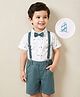 Mark & Mia Cotton Woven Half Sleeves Shirt with Shorts Set with Suspender & Bow and Beach Theme Print - White & Teal Blue