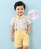 Mark & Mia Cotton Woven Half Sleeves Shirt with Shorts Set with Suspender & Bow and Animal Print - White & Yellow
