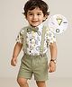 Mark & Mia Cotton Woven Half Sleeves Shirt with Shorts Set with Suspender & Bow and Geometric Print - White & Olive Green