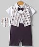 Mark & Mia Cotton Knit Half Sleeves Striped Party Romper With Attached Waistcoat & Bow - White & Navy Blue