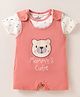 Ollypop Sinker Knit Half Sleeves T-Shirt & Dungaree Style Romper with Bear & Text Embroidery - Coral