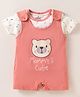 Ollypop Sinker Knit Half Sleeves T-Shirt & Dungaree Style Romper with Bear & Text Embroidery - Coral