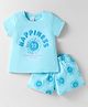 Smarty Girls Sinker Knit Half Sleeves T-Shirt & Shorts Set with Text Print - Aqua Blue