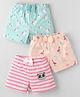 Teddy Sinker Knit Knee Length Unicorn Panda & Bird Printed Shorts with Bow Applique & Stripes Pack of 3 - Peach White & Aqua Blue