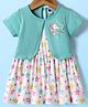 Teddy Sinker Knit Half Sleeves Unicorn & Stars Printed Frock with Attached Shrug - Sea Green & White