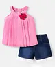 Babyhug Cotton Woven Sleeveless Checkered Top & Short Set With Floral Applique - Blue & Pink