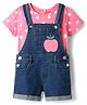 Babyhug Single Jersey Knit Dungaree & Half Sleeves T-Shirt With Polka Dot Print & Apple Patch - Blue