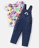 Babyhug Single Jersey Knit Half Cap Sleeves Top & Dungaree with Rainbow Print & Embroidery - White & Blue