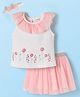 Babyhug Single Jersey Knit Sleeveless Top & Skirt Set With Floral Embroidery & Headband - White & Pink