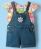 Babyhug Single Jersey Knit Dungaree & Cap Sleeves T-Shirt With Tropical Theme Print & Floral Embroidery - Blue