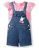Babyhug Single Jersey Knit Dungaree & Cap Sleeves T-Shirt With Floral Print & Strawberry Embroidery - Blue & Pink