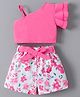 Mark & Mia Sleeveless Top & Shorts Set with Fabric Belt & Floral Print - White & Fuchsia