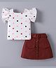 Mark & Mia Half Frill Sleeves Polka Dot Printed Top & Skirt Set with Fabric Belt - White & Maroon