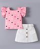 Mark & Mia Half Frill Sleeves Polka Dot Printed Top & Skirt Set with Fabric Belt - White & Pink