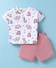 Ollypop Cotton Knit Half Sleeves Henley T-Shirt & Shorts Set withWild Animals Print - Cream & Pink