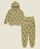 Kiddopanti Fleece Full Sleeves Hearts Printed Hooded Sweatshirt With Coordinating Track Pants Set - Light Brown