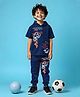 Trampoline Cotton Blend Half Sleeves Typography Printed Hooded Tee With Track Pants Set - Blue