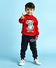Trampoline Cotton Blend Full Sleeves Teddy Bear Printed Tee With Track Pants Set - Red & Black