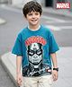 Pine Kids Marvel Terry Knit Half Drop Shoulder Sleeves Oversized T-Shirt with Captain America Puff Graphics - Teal Blue
