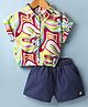 ORRIGANY Cotton Knit Half Sleeves Top and Shorts with Abstract Print - White & Navy Blue