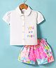 ORRIGANY Cotton Woven Half Puffed Sleeves Collared Top & Shorts Set with Floral & Text Print - White & Pink