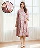 MomToBe Rayon Three Fourth Sleeves Floral Printed Maternity Dress With Concealed Zipper Nursing Access - Baby Pink