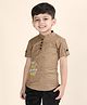 Polka Tots Cotton Half Sleeves Typography Embroidered & Striped Kurta - Brown